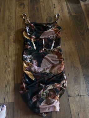 Satin Ruched Cherub-Print Mini Dress in Black and Brown